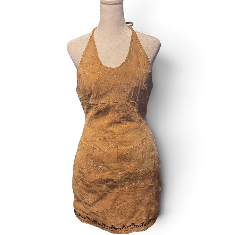 Vintage 90s Love Potion Suede Leather Halter Mini Dress M Y2K Boho Western